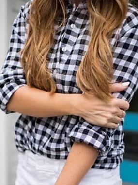 Rachel Hollis Blue Checkered Linen Blend Long Sleeve Shirt Preppy Size 8
